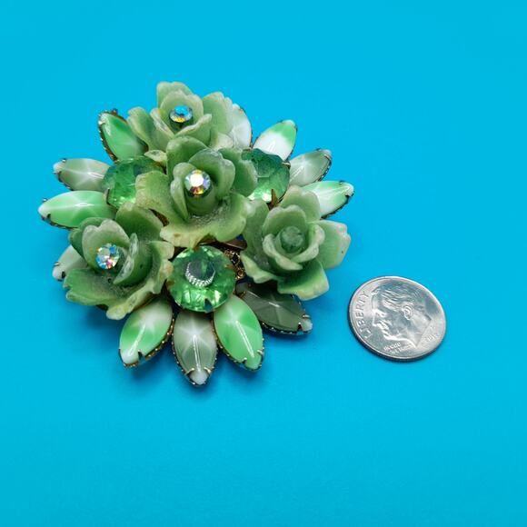 Vintage Celebrity Green Rhinestone Brooch Pendant, 1950s, 2 1/4 Inches - Picture 8 of 10